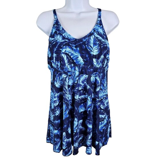 Women's Tropical Print Strap Swimsuit Dress Boxer Shorts Set XL Blue Beach Pool - Picture 2 of 9